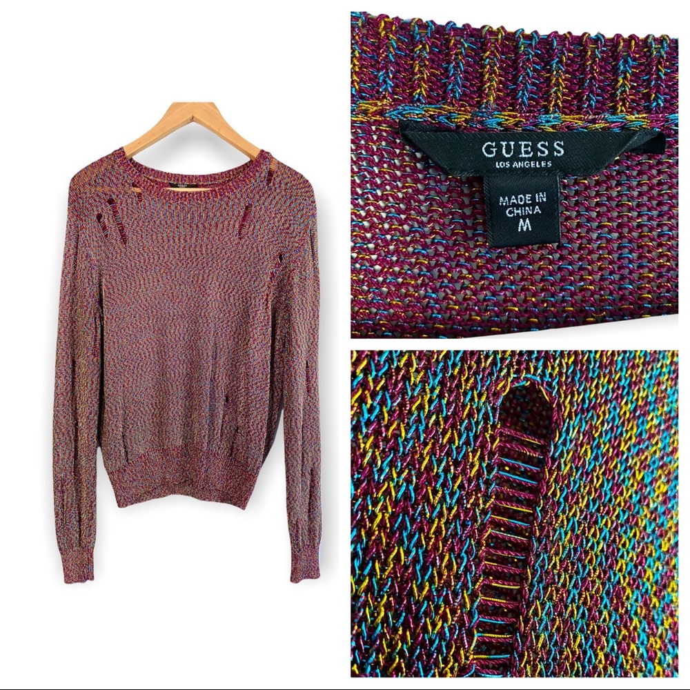 $115 Guess Women’s Metallic Multicolor Sweater Destroyed Pullover Crew Neck M